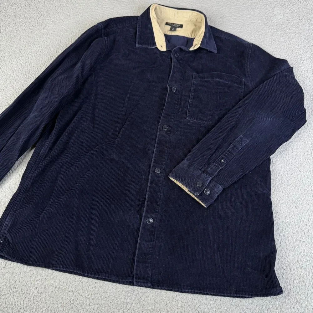 BANANA REPUBLIC Corduroy Shirt Mens XLT Blue Wide Whale Button Organic Cotton